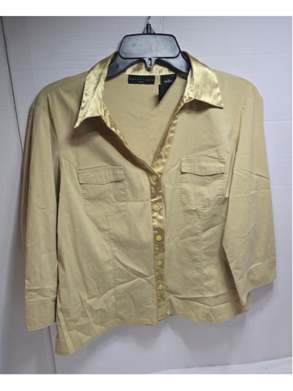 Women's Apostrophe Petite Khaki Gold Button Down Shirt L